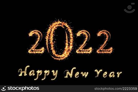2022 and Happy New Year written with Sparkle firework on dark background, Happy new year and merry christmas celebration, banner and greeting cards concept