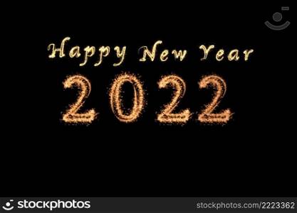 2022 and Happy New Year written with Sparkle firework on dark background, Happy new year and merry christmas celebration, banner and greeting cards concept