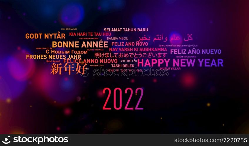 2022 Happy new year greetings card from the world in different langages. Happy new year card from the world