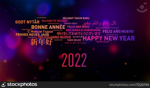 2022 Happy new year greetings card from the world in different langages. Happy new year card from the world