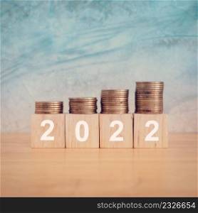 2022 new year concept. Wooden Blocks With text 2022 on table. Copy space