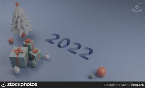 2022 New Year number in the floor with present gift box and ornaments for the new beginning 3D rendering illustration