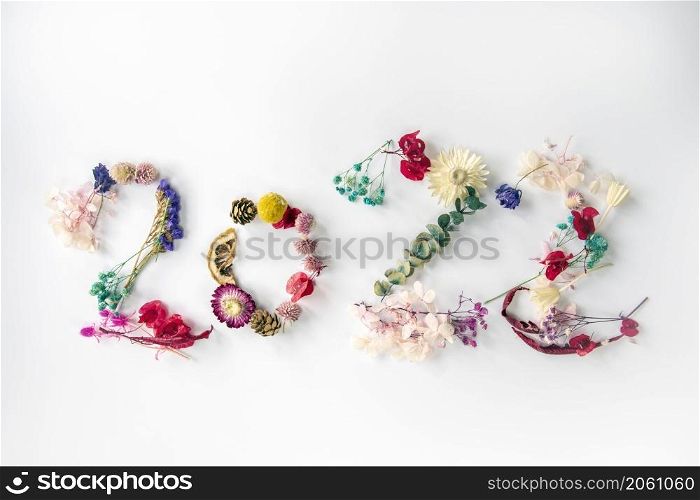 2022 number made from colorful fresh spring plants, flowers and leaves. Happy New Year concept isolated on white background. 2022 creative background, card design top view. 2022 number made from colorful fresh spring plants, flowers and leaves. Happy New Year concept isolated on white background. 2022 creative background, card design
