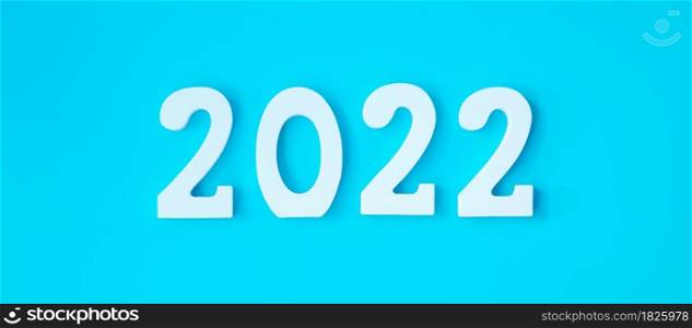 2022 white text number on blue background. Resolution, plan, review, goal, start and New Year holiday concepts