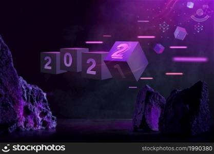2022 Year Concept. Photo Combined with 3D Box as Turning from 2021 to 2022. Year of Technology, Web3.0, Blockchain and the Next Layer of the Internet. Futuristic Tone