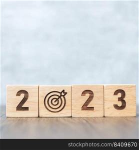 2023 block with dartboard sign. Business Goal, Target, Resolution, strategy, plan, Action motivation, mission, thinking, and New Year start concepts
