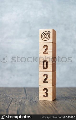 2023 block with dartboard sign. Business Goal, Target, Resolution, strategy, plan, Action motivation, mission, thinking, and New Year start concepts