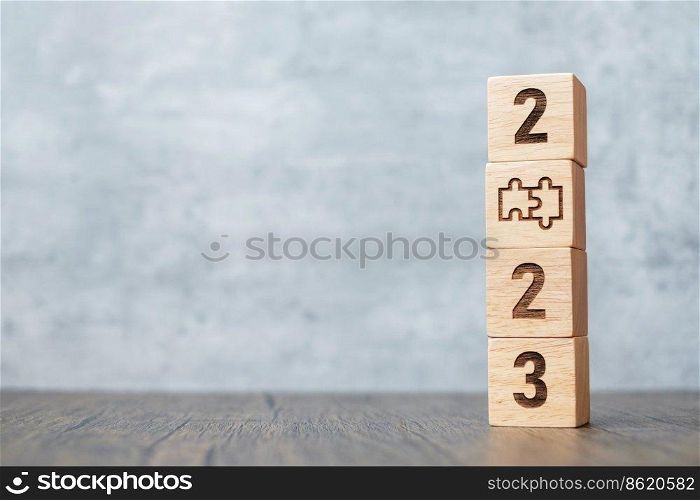 2023 block with jigsaw puzzle icon. Business Process, Team, teamwork, Goal, mission, Resolution, strategy, plan, Action, partnership, cooperation , brainstorm and New Year start concepts