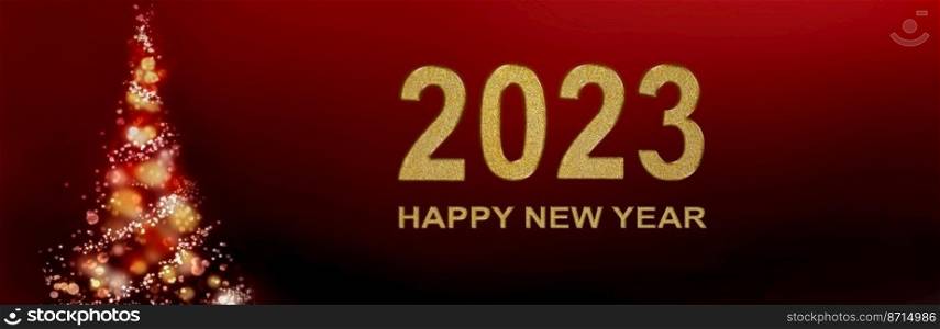 2023 happy new year written with golden number glitting on red and background with abstract christmas tree 