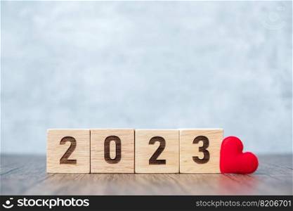 2023 wood cube block with red heart shape. Healthcare, health, Resolution, goal, New Year New You and Happy Valentine day holiday concept