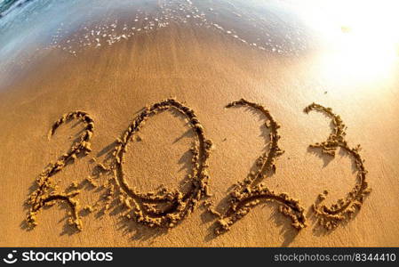 2023 written in sand New Year on the beach