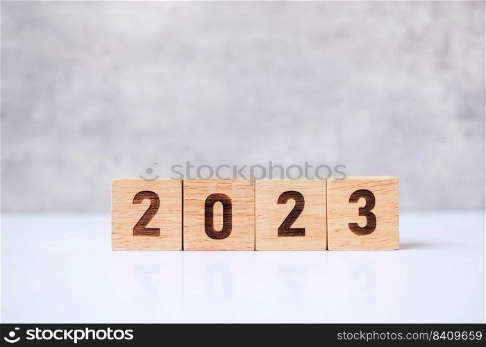 2023 year block on table. goal, Resolution, strategy, plan,, start, budget, mission, action, motivation and New Year holiday concepts
