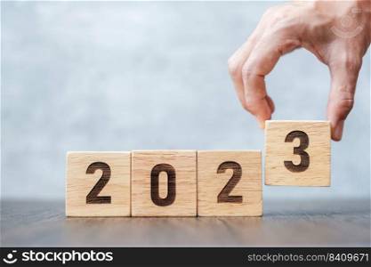 2023 year block on table. goal, Resolution, strategy, plan,, start, budget, mission, action, motivation and New Year holiday concepts