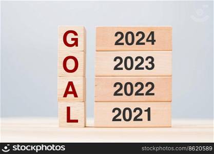 2024 block over 2023 and 2022 wooden building on table background. Business planning, Risk Management, Resolution, strategy, solution, goal, New Year New You and happy holiday concepts
