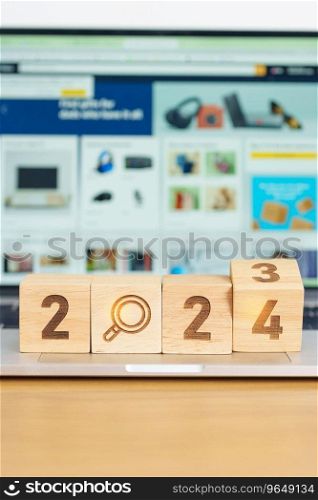 2024 block with magnifying glass icon against laptop background. Hiring, recruitment, job, jobless SEO, Search Engine Optimization and New Year concepts