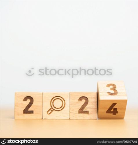 2024 block with magnifying glass icon. SEO, Search Engine Optimization, hiring , Advertising, Idea, Strategy, marketing, Keyword, Content and New Year start concepts