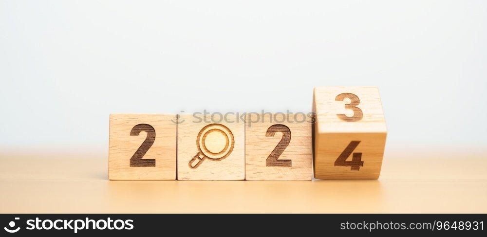 2024 block with magnifying glass icon. SEO, Search Engine Optimization, hiring , Advertising, Idea, Strategy, marketing, Keyword, Content and New Year start concepts
