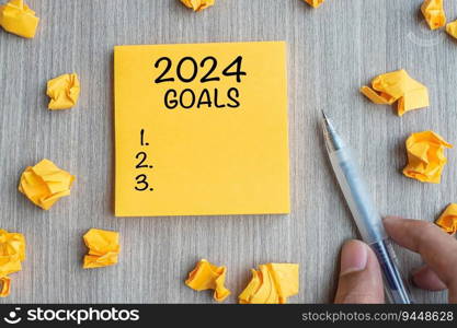 2024 Goal word on yellow note with Businessman holding pen and crumbled paper on wooden table background. New Year New Start, Resolutions, Strategy, mission concept