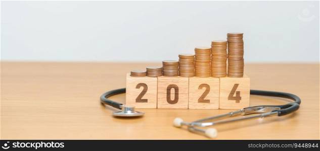 2024 Happy New Year for health care with doctor Stethoscope on table. Money saving, Goal, Resolution, health Insurance, Wellness and medical concept
