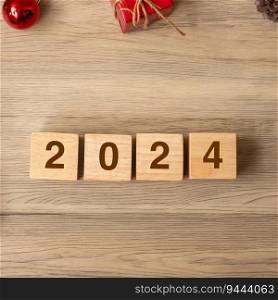 2024 Happy New Year with Christmas decoration. New Start, Resolution, Goals, Plan, Action and Mission Concept