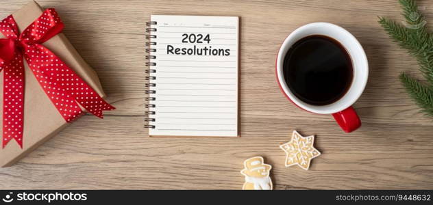 2024 Resolutions with notebook, black coffee cup, Christmas cookies and pen on wood table, Top view and copy space. Xmas, Happy New Year, Goals, To do list, Strategy and Plan concept