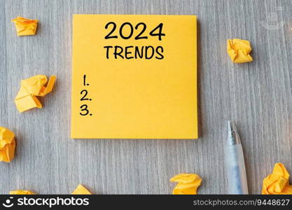 2024 Trends word on yellow note with pen and crumbled paper on wooden table background. New Year New Start, Resolutions, Strategy and Goal concept