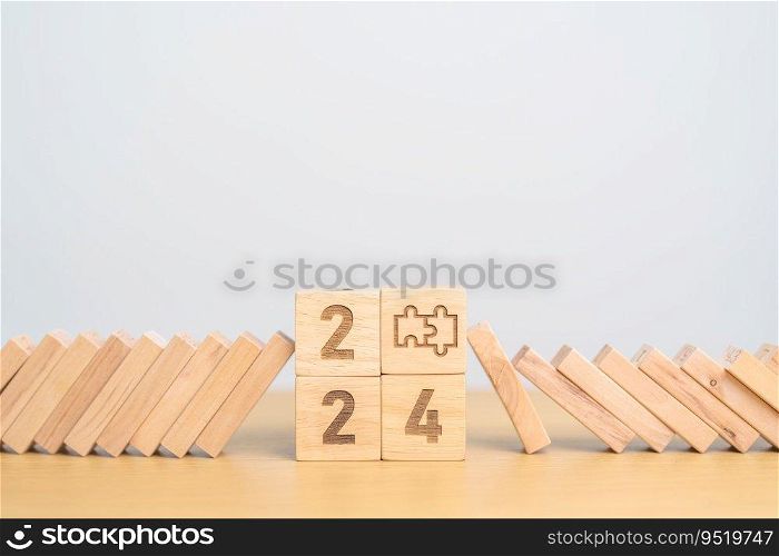 2024 year and falling blocks with jigsaw puzzle icon. Team, teamwork, Goal, mission, strategy, plan, Action, partnership, Risk Management, recession, goal, New Year planning and inflation economy