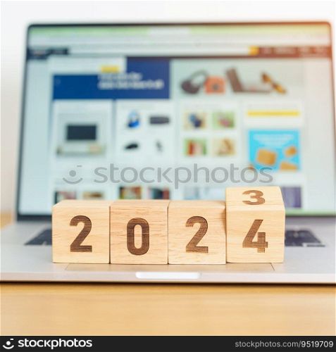 2024 Year block against marketplace website. Goal, Target, Resolution, finance, E commerce, online shopping, celebration and New Year start concepts 