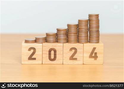 2024 year block with Coins stack. Money, Budget, tax, investment, financial, savings and New Year Resolution concepts