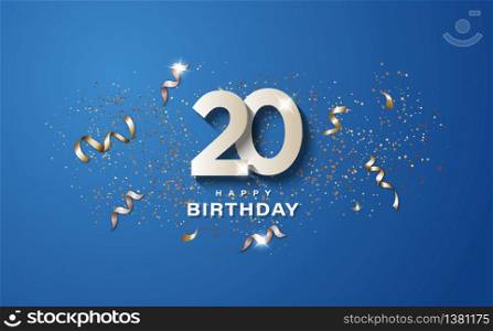 20th birthday with white numbers on a blue background. Happy birthday banner concept event decoration. Illustration stock