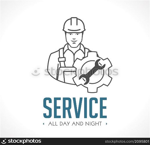24/7 service concept - worker with gears and tools - user manual or instruction symbol