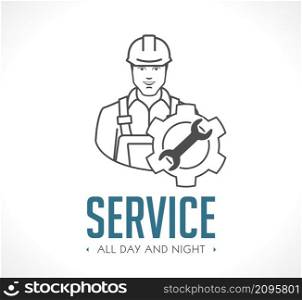 24/7 service concept - worker with gears and tools - user manual or instruction symbol