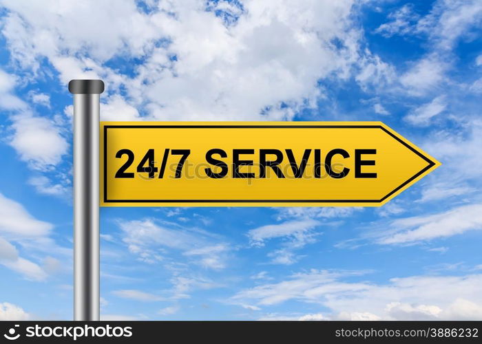 24 hours a day, 7 days a week service words on yellow road sign on blue sky