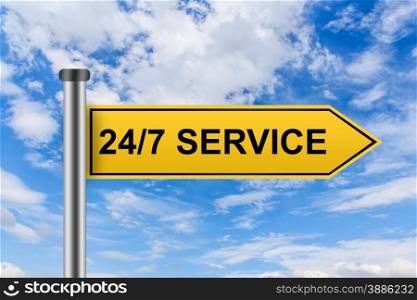 24 hours a day, 7 days a week service words on yellow road sign on blue sky