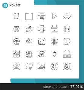 25 Thematic Vector Lines and Editable Symbols of tower, view, chat, eye, play Editable Vector Design Elements