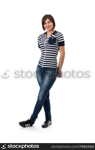 25 year old girl wearing a blue and white striped jeans in the studio. Isolate on white.