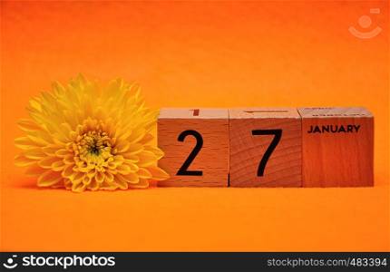 27 January on wooden blocks with a yellow daisy on an orange background