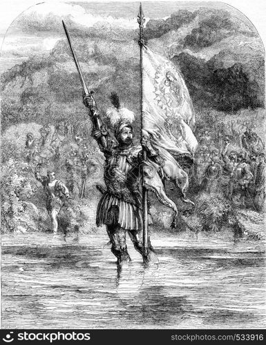 29 November 1513, Balboa takes possession of the South Sea in the name of Castile and the kingdom of Leon, vintage engraved illustration. Magasin Pittoresque 1855.