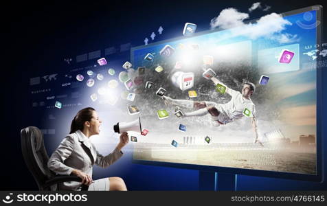 3 d technologies. Emotional woman watching football match on 3 d tv