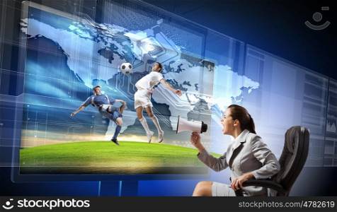3 d technologies. Emotional woman watching football match on 3 d tv