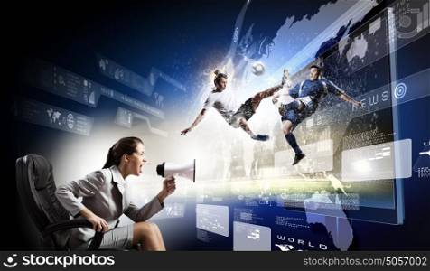 3 d technologies. Emotional woman watching football match on 3 d tv