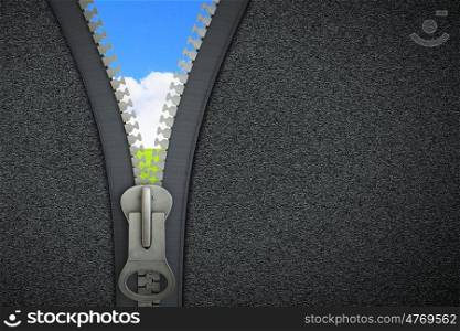 3 D zipper. Conceptual image with zipper and nature landscape