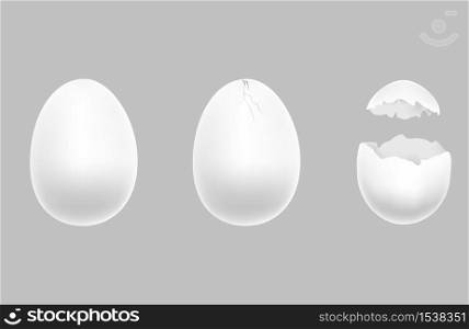 3 egg steps: whole, cracked, broken. Egg animation. Broken white egg on a gray background.. 3 egg steps: whole, cracked, broken.