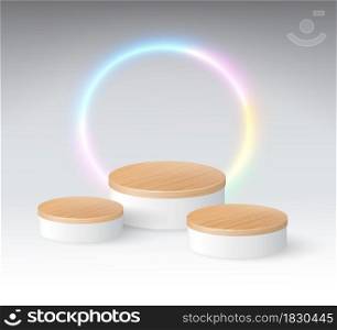 3-level circular wood grain podium with spherical neon lights on a cool white background. EPS realistic file.