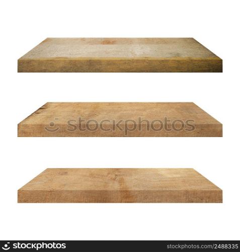 3 old wood shelf table isolated on white background and display montage for product.