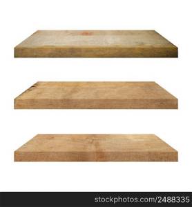 3 old wood shelf table isolated on white background and display montage for product.