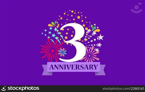 3 year anniversary banner with open burst gift box. Template first birthday celebration and abstract text on white background vector illustration. 3 year anniversary banner with open burst gift box. Template first birthday celebration and abstract text on white background illustration
