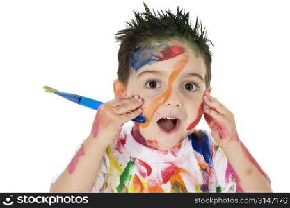 3 year old boy covered in paint. Clipping path. Over white.