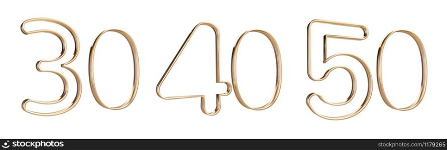 30 40 and 50 thin outline letters golden design 3d-illustration