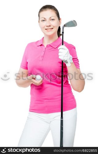 30-year-old girl with the equipment for the game of golf on a white background